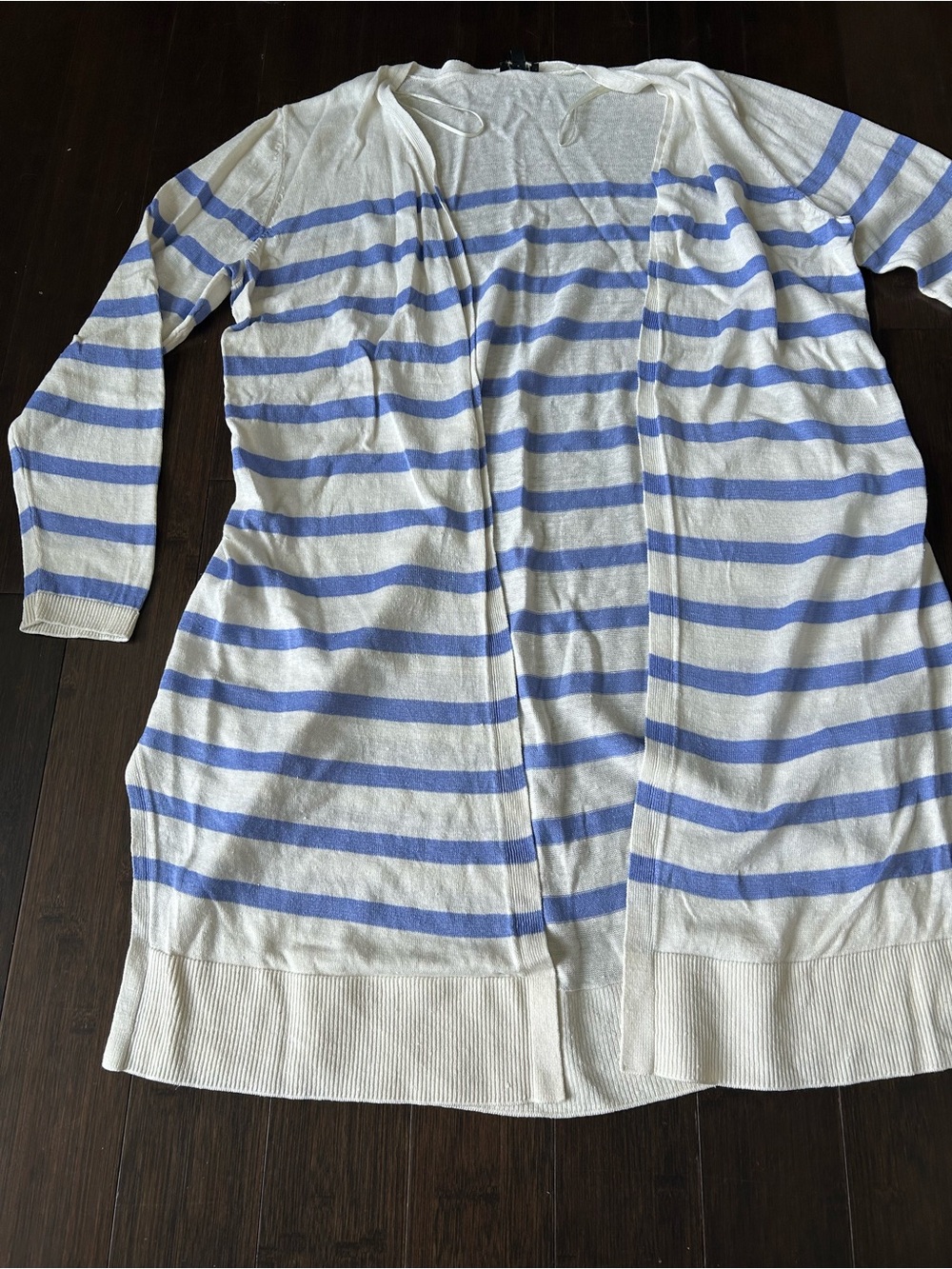 Talbots linen Cream and Light Blue Striped Open-Front long Cardigan. EUC!